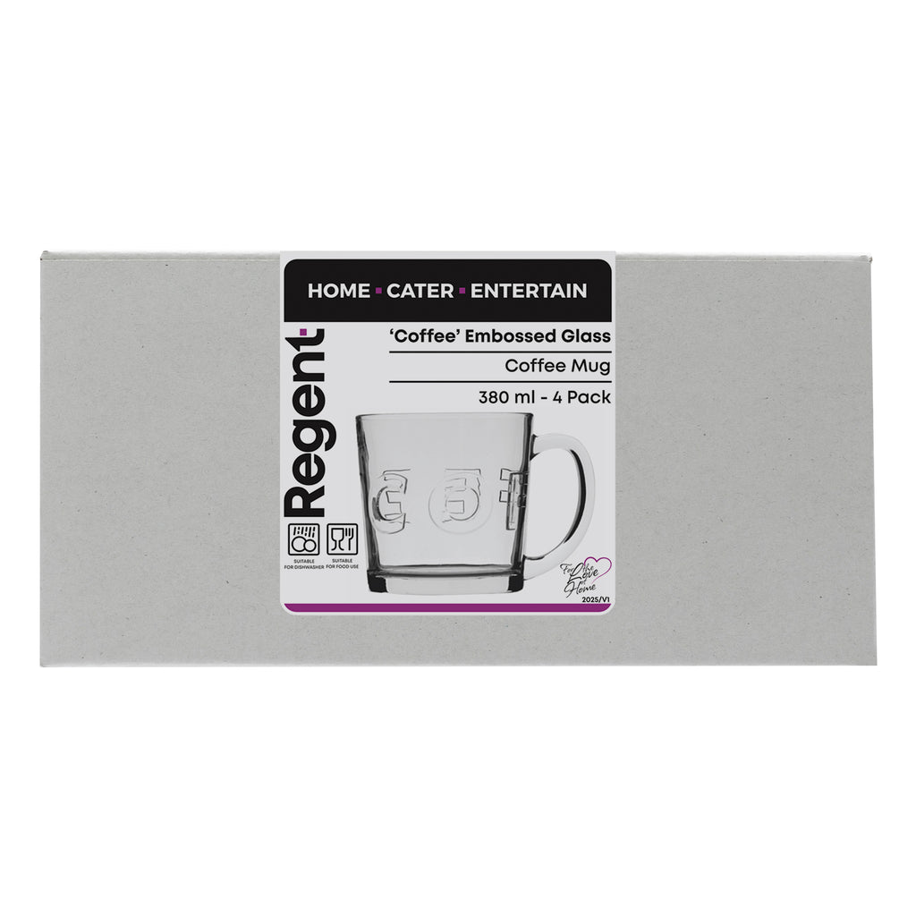 REGENT `COFFEE`EMBOSSED GLASS COFFEE MUGS 4 PACK, (380ML)