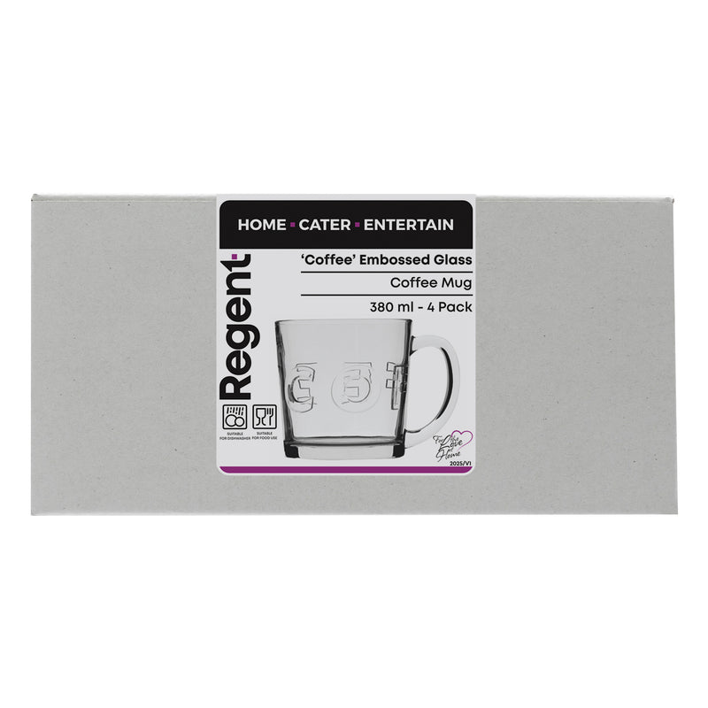 REGENT `COFFEE`EMBOSSED GLASS COFFEE MUGS 4 PACK, (380ML)