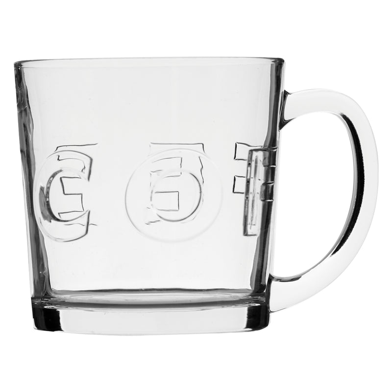 REGENT `COFFEE`EMBOSSED GLASS COFFEE MUGS,  (380ML) BULK