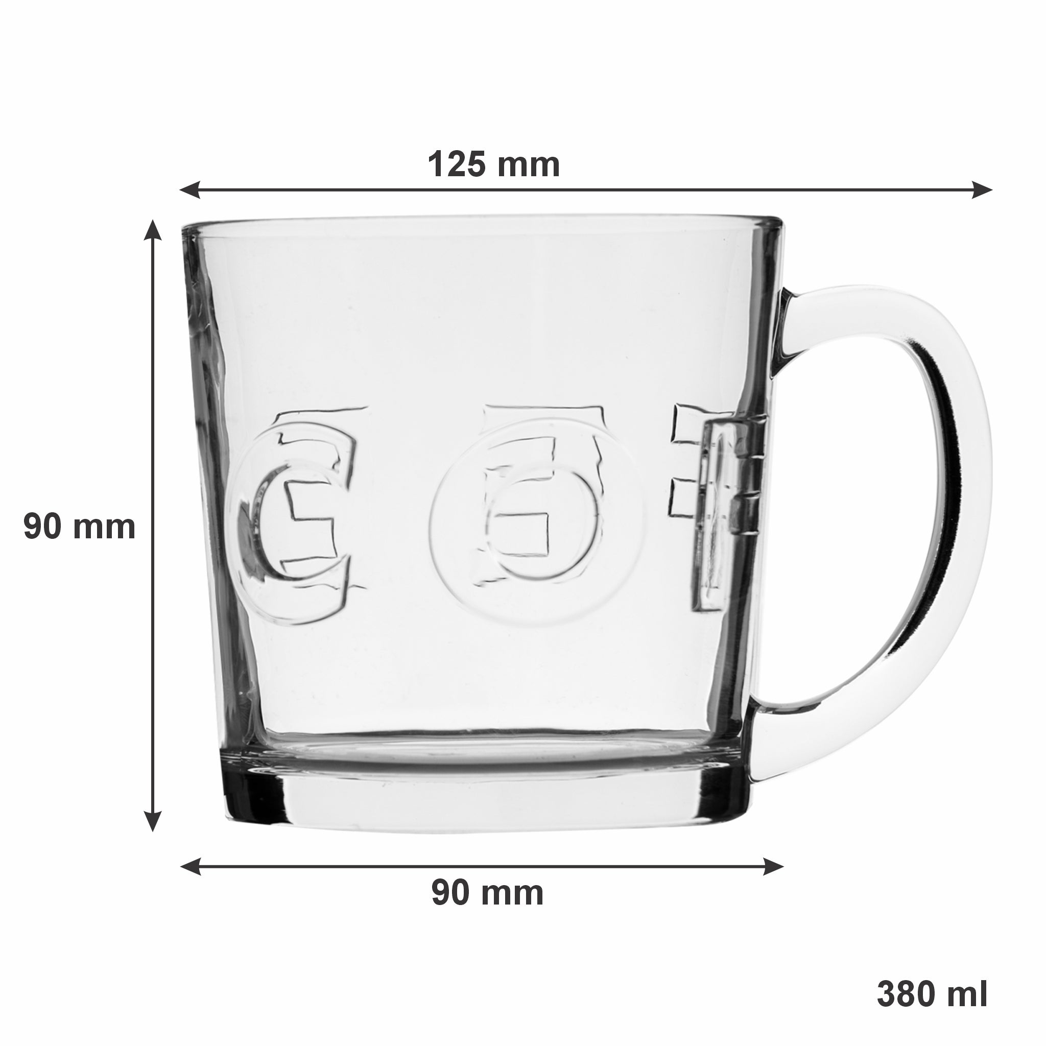 REGENT `COFFEE` EMBOSSED GLASS MUG, 380ML