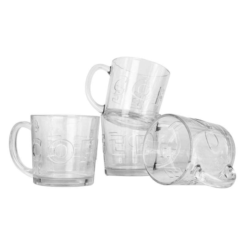 REGENT `COFFEE`EMBOSSED GLASS COFFEE MUGS, (380ML) BULK