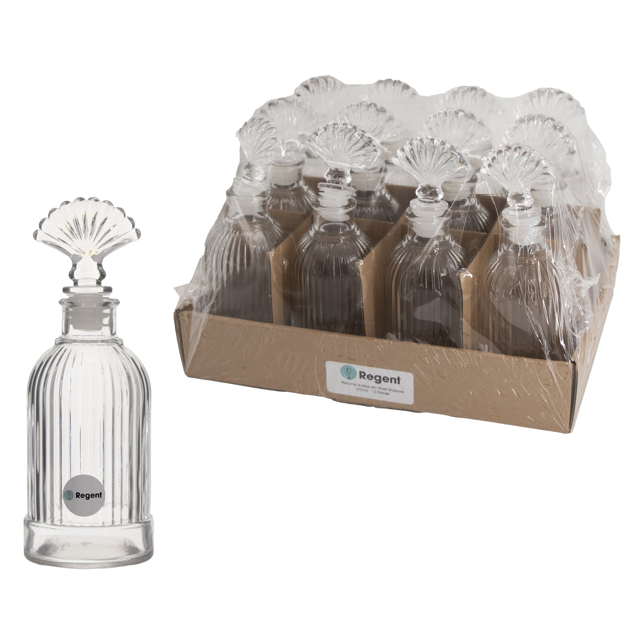 REGENT GLASS PERFUME RIBBED BOTTLE WITH SHELL STOPPER, 200ML