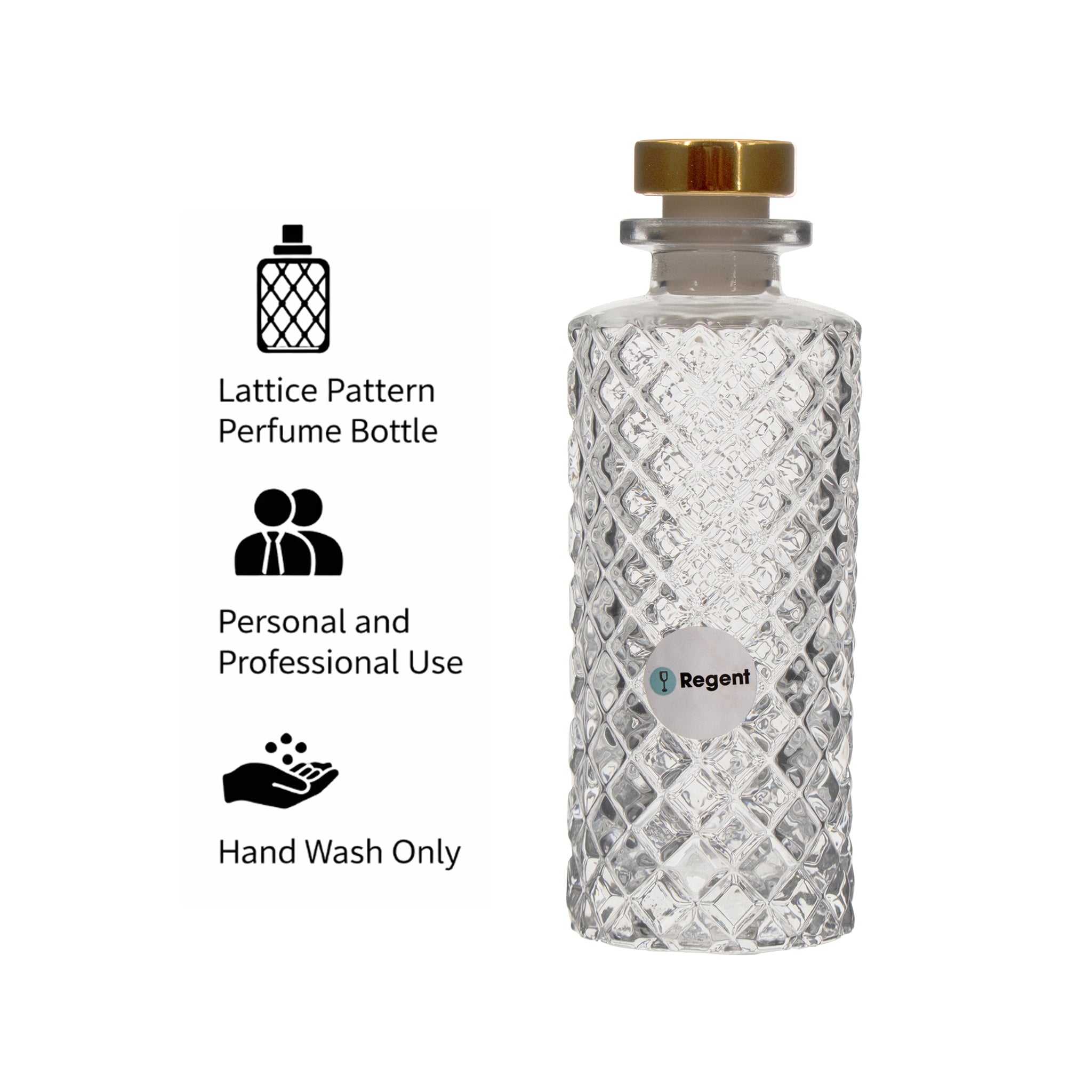 REGENT GLASS PERFUME BOTTLE LATTICE PATTERN WITH ROSE GOLD PLASTIC STOPPER, 150ML