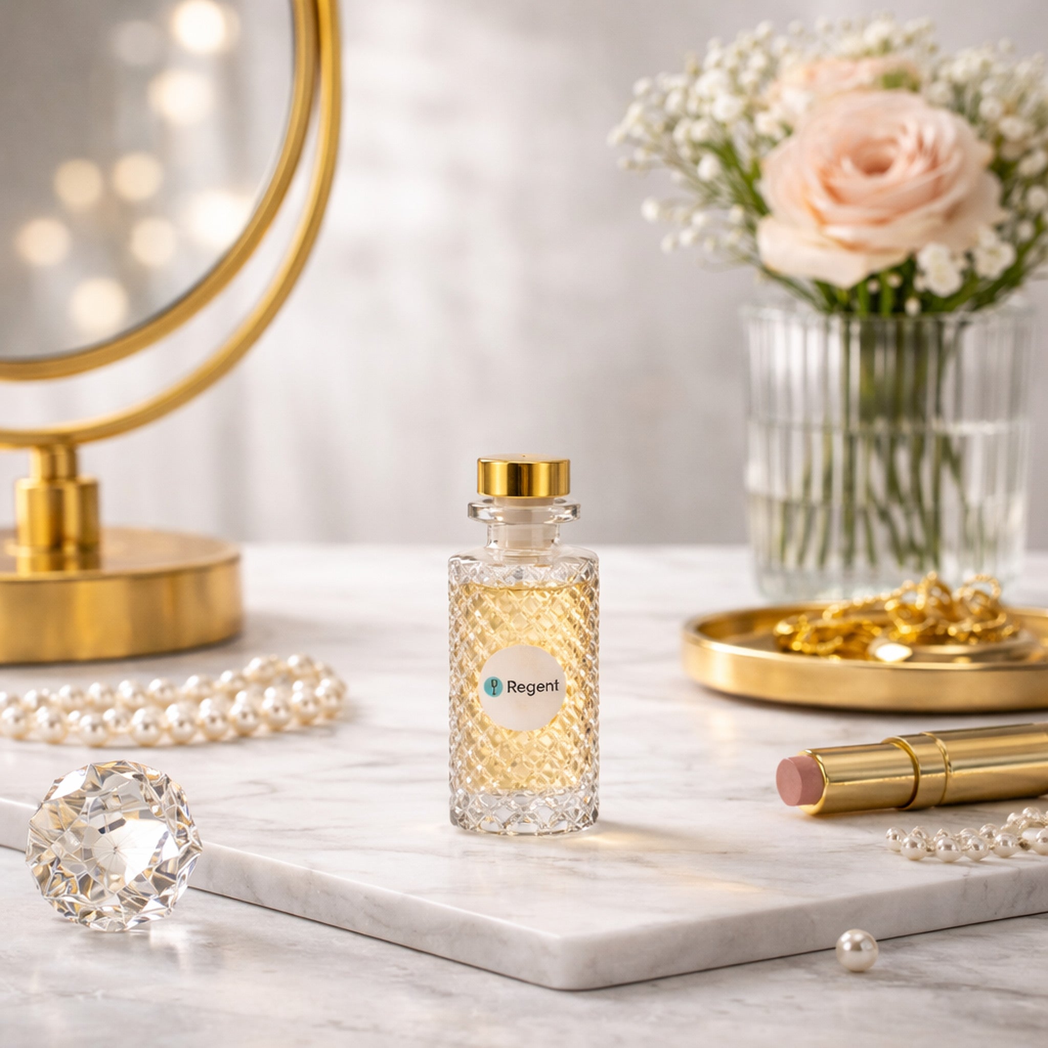 REGENT GLASS PERFUME BOTTLE LATTICE PATTERN WITH ROSE GOLD PLASTIC STOPPER, 150ML