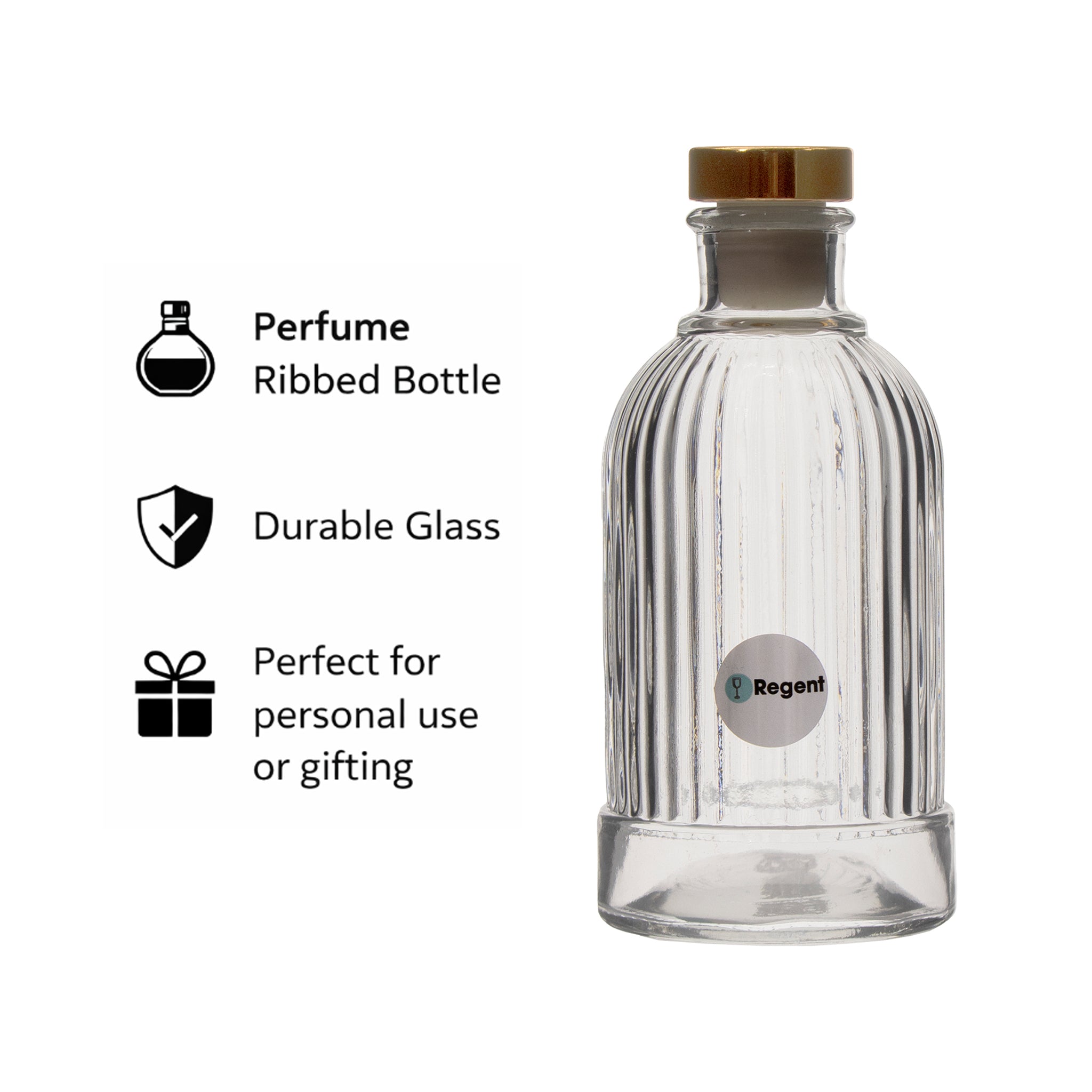 REGENT GLASS RIBBED PERFUME BOTTLE WITH ROSE GOLD PLASTIC STOPPER, 200ML