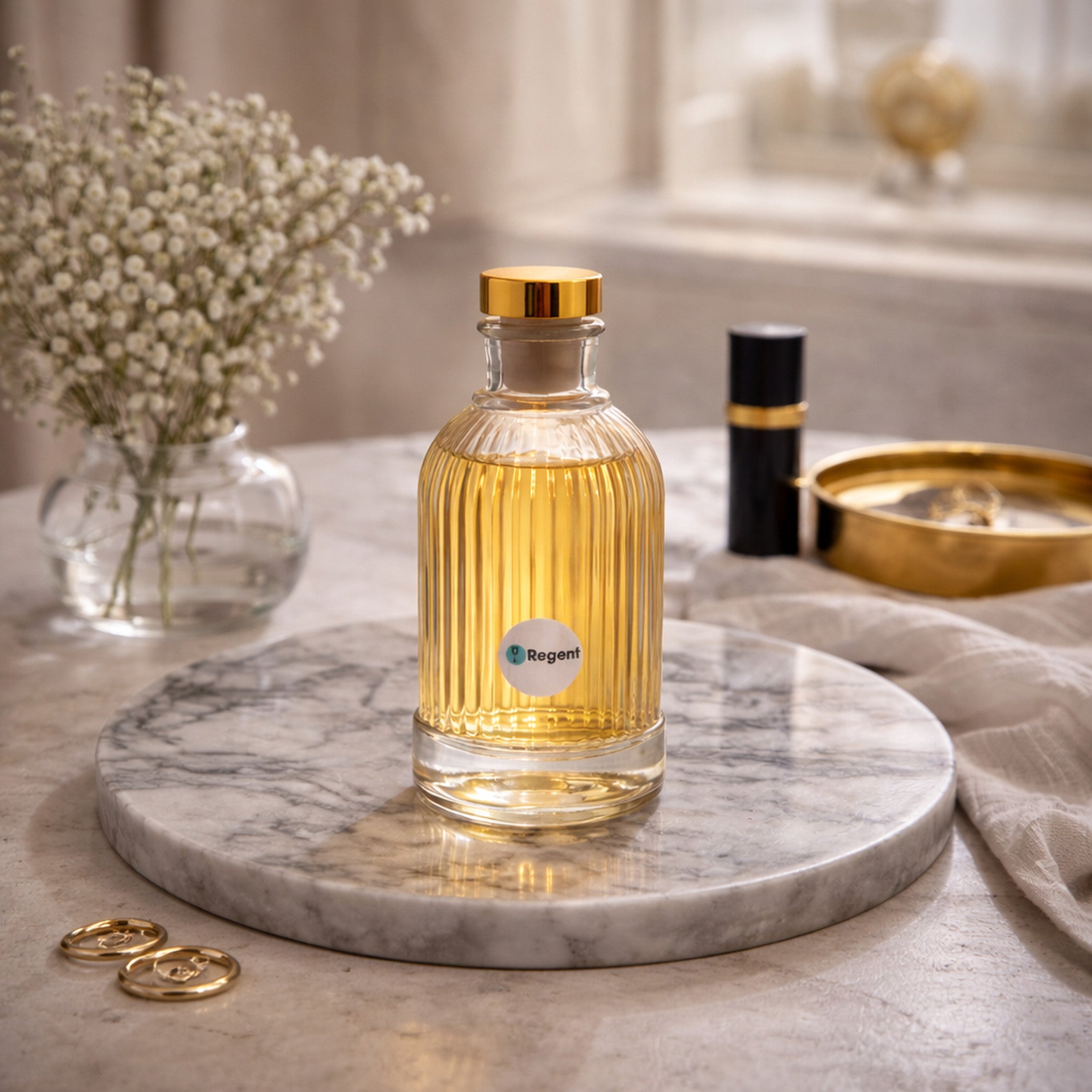 REGENT GLASS RIBBED PERFUME BOTTLE WITH ROSE GOLD PLASTIC STOPPER, 200ML