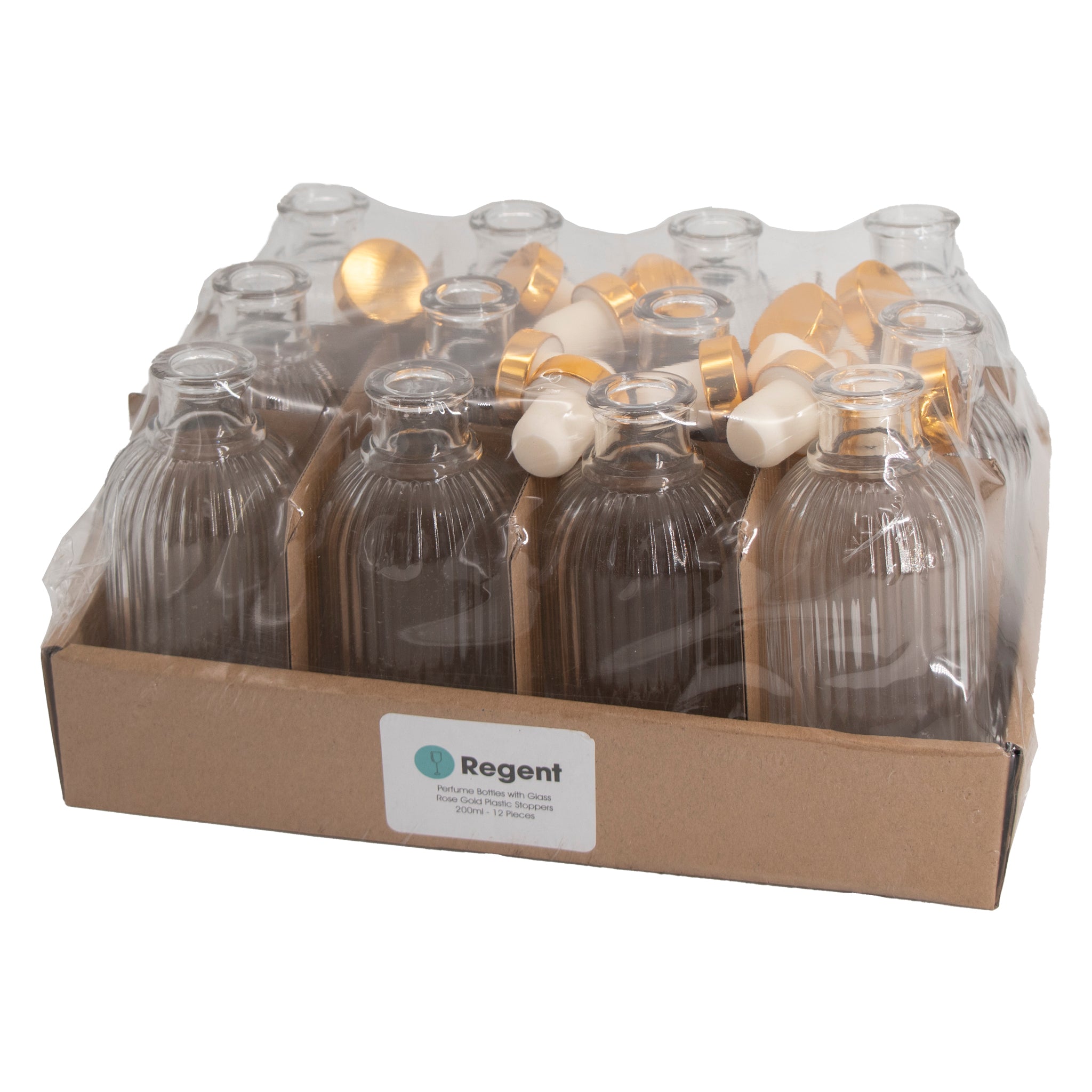 REGENT GLASS RIBBED PERFUME BOTTLE WITH ROSE GOLD PLASTIC STOPPER, 200ML