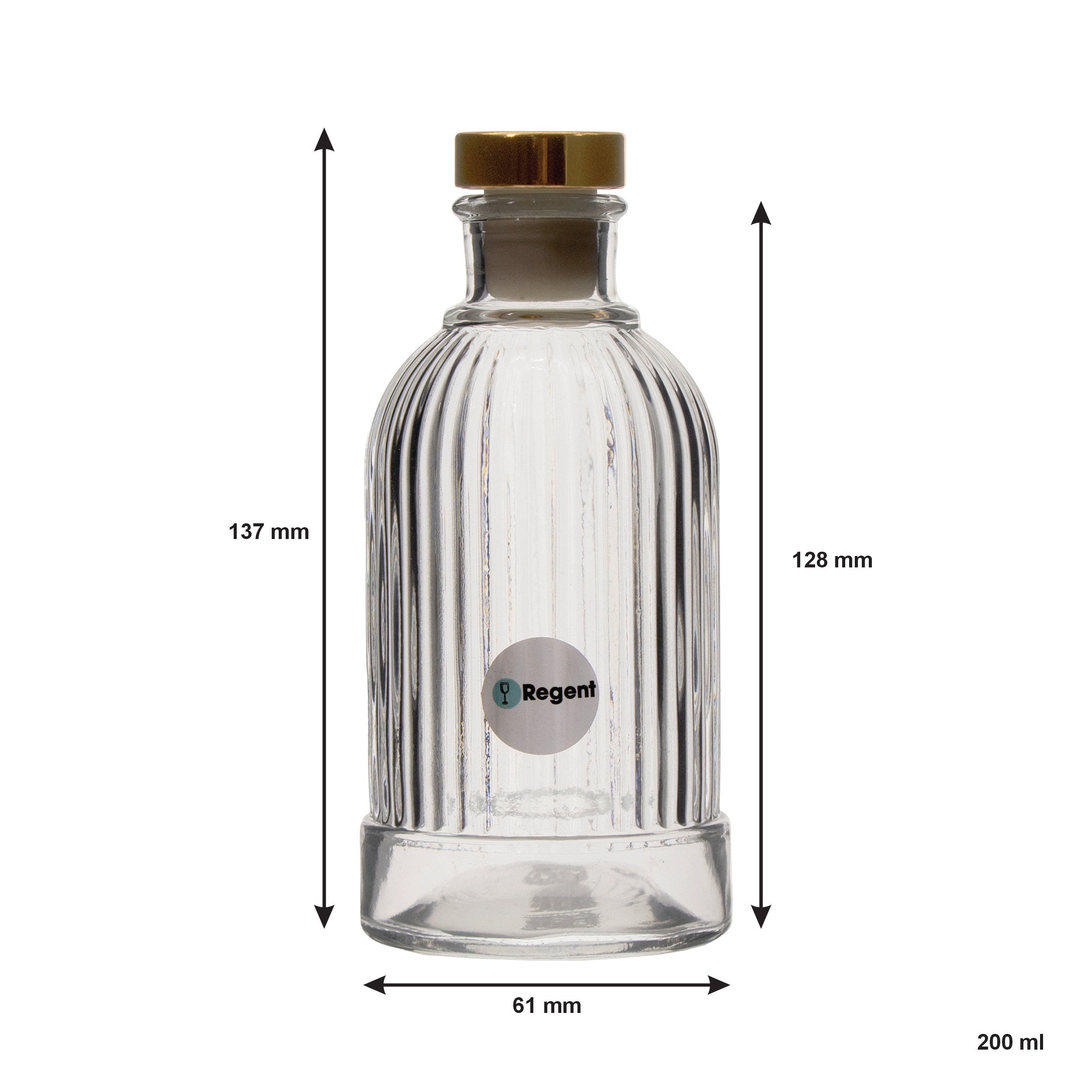 REGENT GLASS RIBBED PERFUME BOTTLE WITH ROSE GOLD PLASTIC STOPPER, 200ML