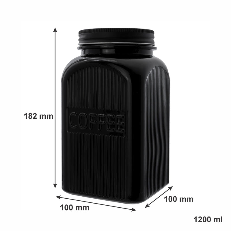 REGENT BLACK RIBBED SQUARE GLASS CANISTERS (TEA|COFFEE|SUGAR) 3 PCE SET, 1.2LT