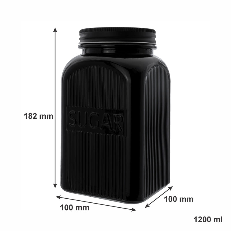 REGENT BLACK RIBBED SQUARE GLASS CANISTERS (TEA|COFFEE|SUGAR) 3 PCE SET, 1.2LT