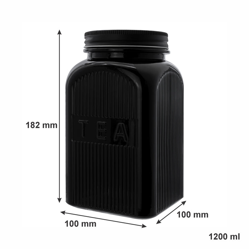 REGENT BLACK RIBBED SQUARE GLASS CANISTERS (TEA|COFFEE|SUGAR) 3 PCE SET, 1.2LT