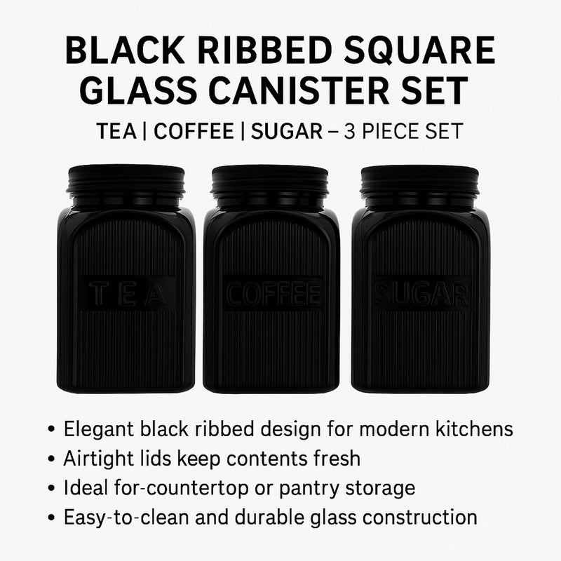 REGENT BLACK RIBBED SQUARE GLASS CANISTERS (TEA|COFFEE|SUGAR) 3 PCE SET, 1.2LT