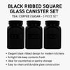 REGENT BLACK RIBBED SQUARE GLASS CANISTERS (TEA|COFFEE|SUGAR) 3 PCE SET, 1.2LT