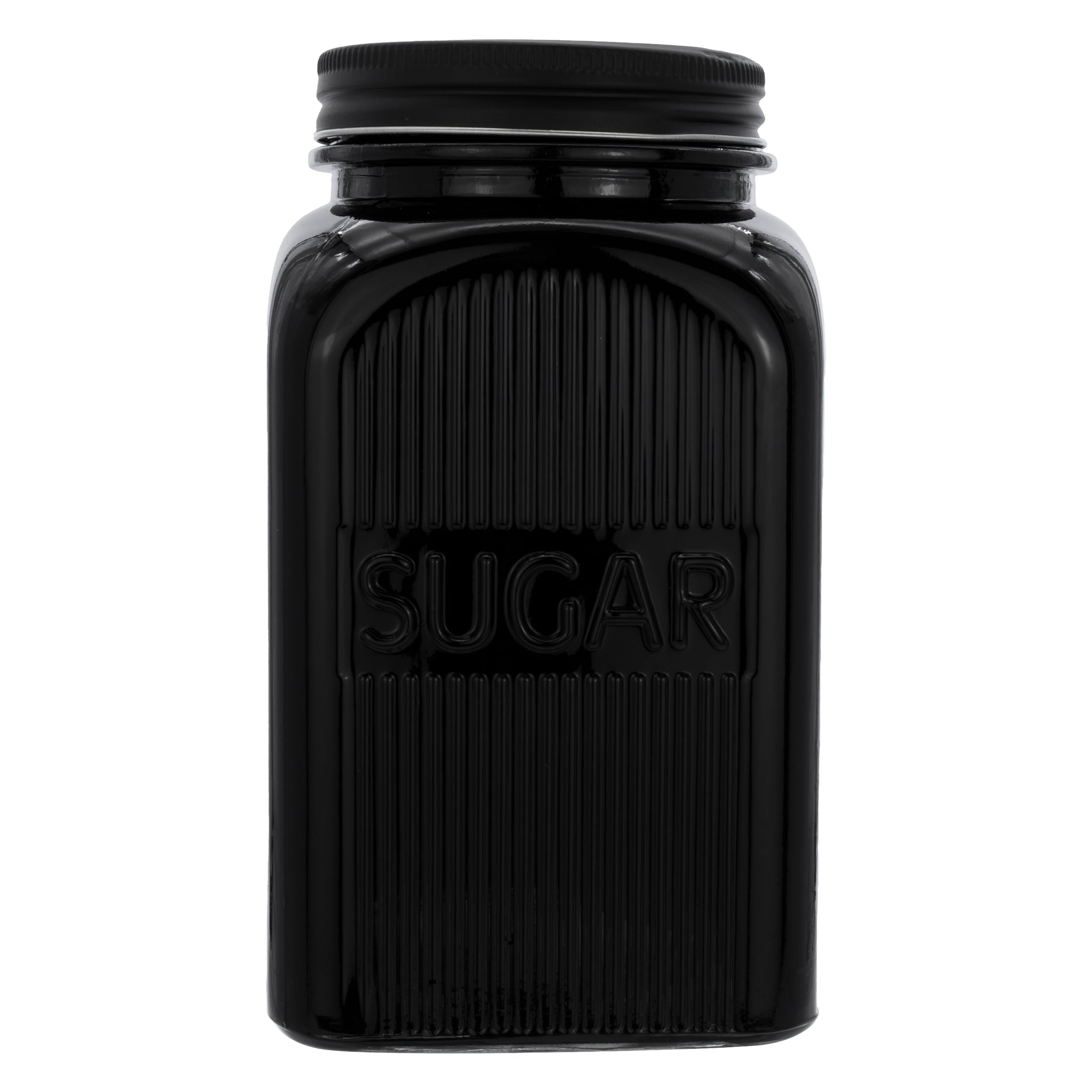 REGENT BLACK RIBBED SQUARE GLASS CANISTERS (TEA|COFFEE|SUGAR) 3PCS SET, 1.2L