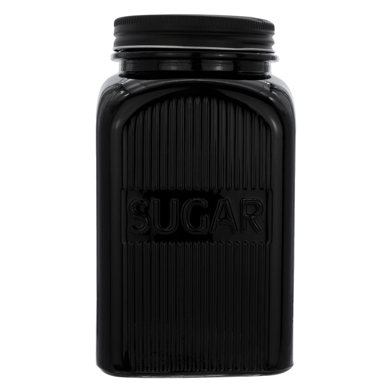 REGENT BLACK RIBBED SQUARE GLASS CANISTERS (TEA|COFFEE|SUGAR) 3 PCE SET, 1.2LT