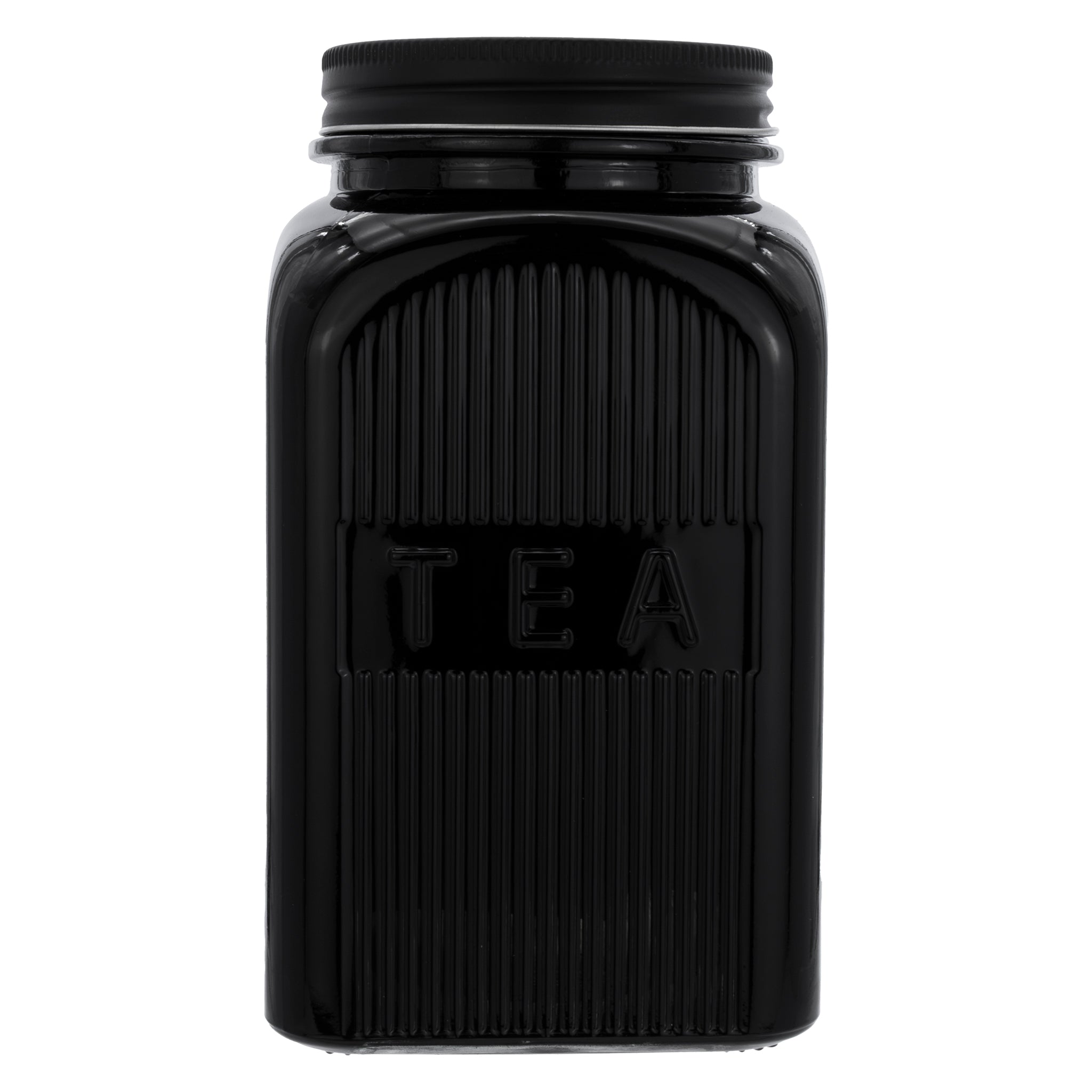 REGENT BLACK RIBBED SQUARE GLASS CANISTERS (TEA|COFFEE|SUGAR) 3PCS SET, 1.2L