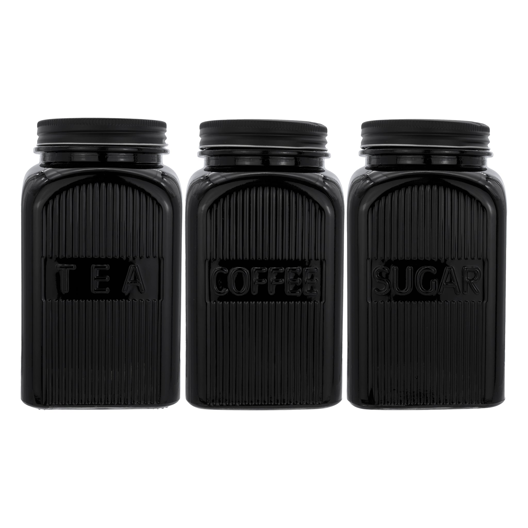 REGENT BLACK RIBBED SQUARE GLASS CANISTERS (TEA|COFFEE|SUGAR) 3PCS SET, 1.2L