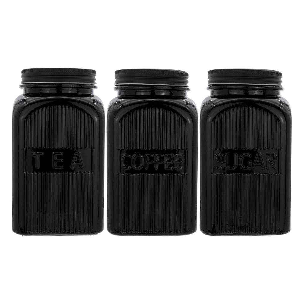 REGENT BLACK RIBBED SQUARE GLASS CANISTERS (TEA|COFFEE|SUGAR) 3 PCE SET, 1.2LT