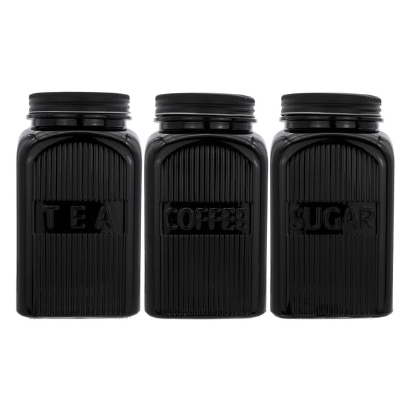 REGENT BLACK RIBBED SQUARE GLASS CANISTERS (TEA|COFFEE|SUGAR) 3 PCE SET, 1.2LT