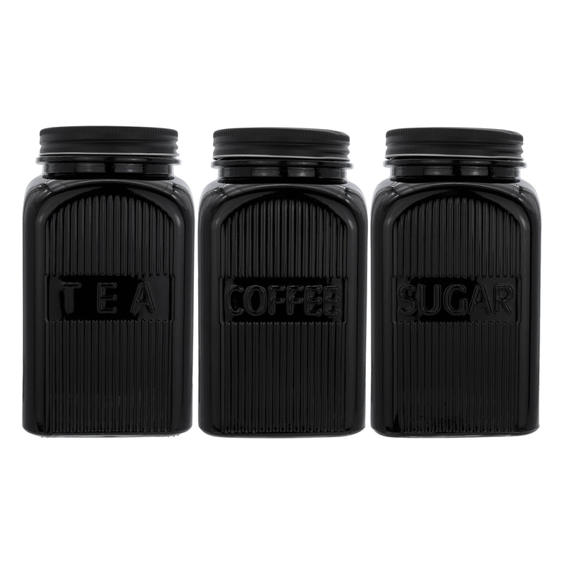 REGENT BLACK RIBBED SQUARE GLASS CANISTERS (TEA|COFFEE|SUGAR) 3 PCE SET, 1.2LT