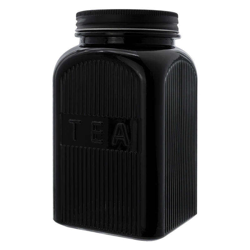 REGENT BLACK RIBBED SQUARE GLASS CANISTERS (TEA|COFFEE|SUGAR) 3 PCE SET, 1.2LT