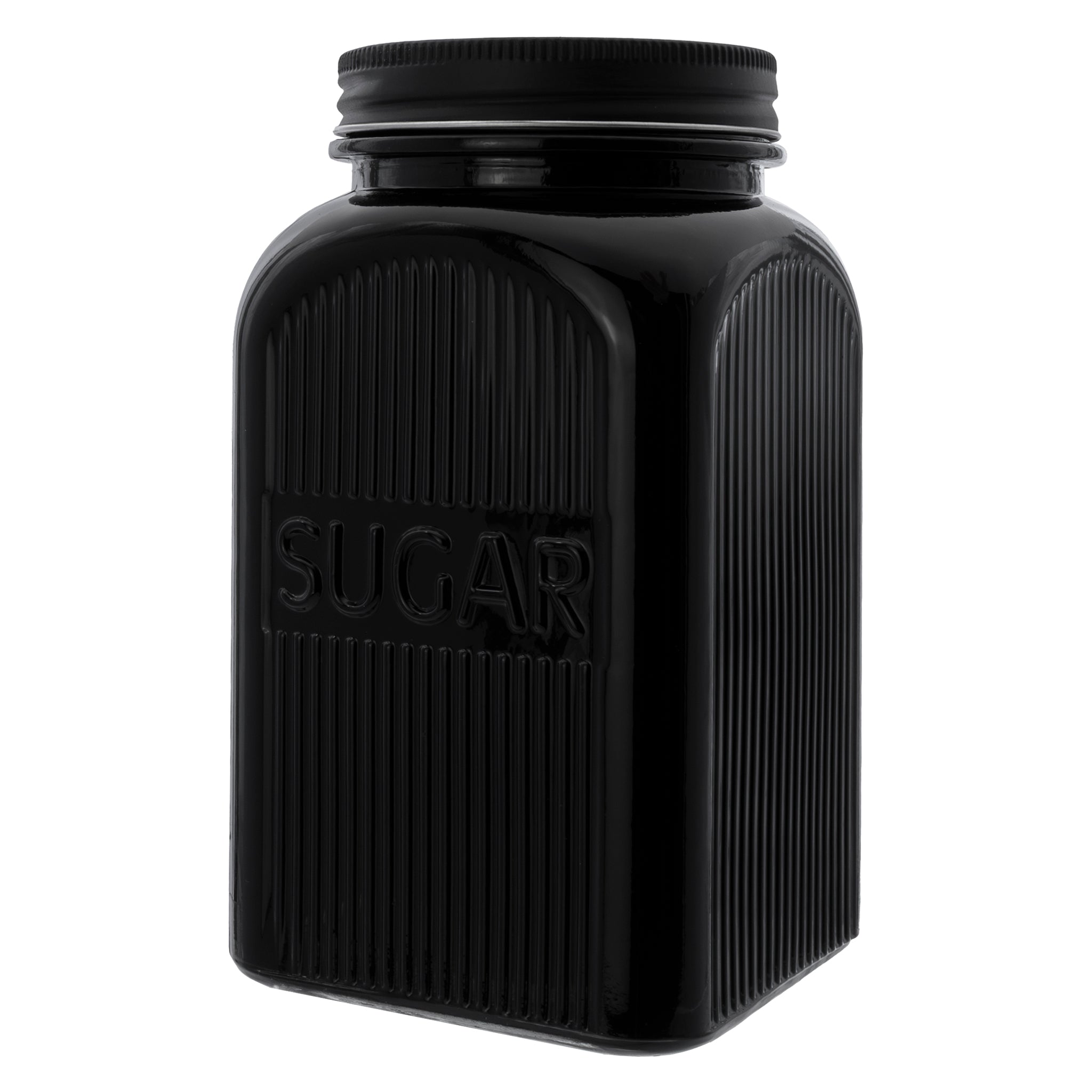 REGENT BLACK RIBBED SQUARE GLASS CANISTERS (TEA|COFFEE|SUGAR) 3PCS SET, 1.2L