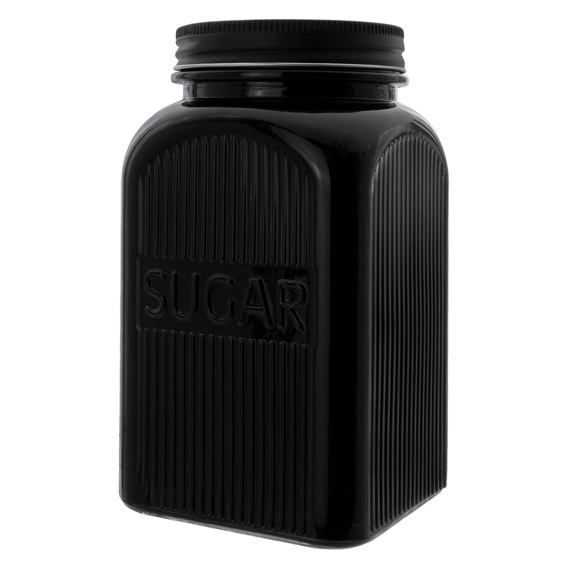 REGENT BLACK RIBBED SQUARE GLASS CANISTERS (TEA|COFFEE|SUGAR) 3 PCE SET, 1.2LT