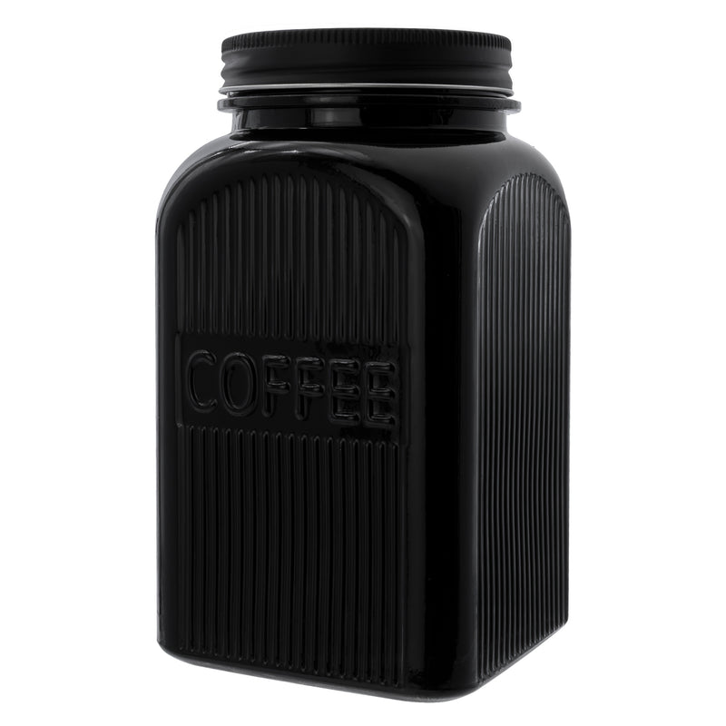 REGENT BLACK RIBBED SQUARE GLASS CANISTERS (TEA|COFFEE|SUGAR) 3 PCE SET, 1.2LT