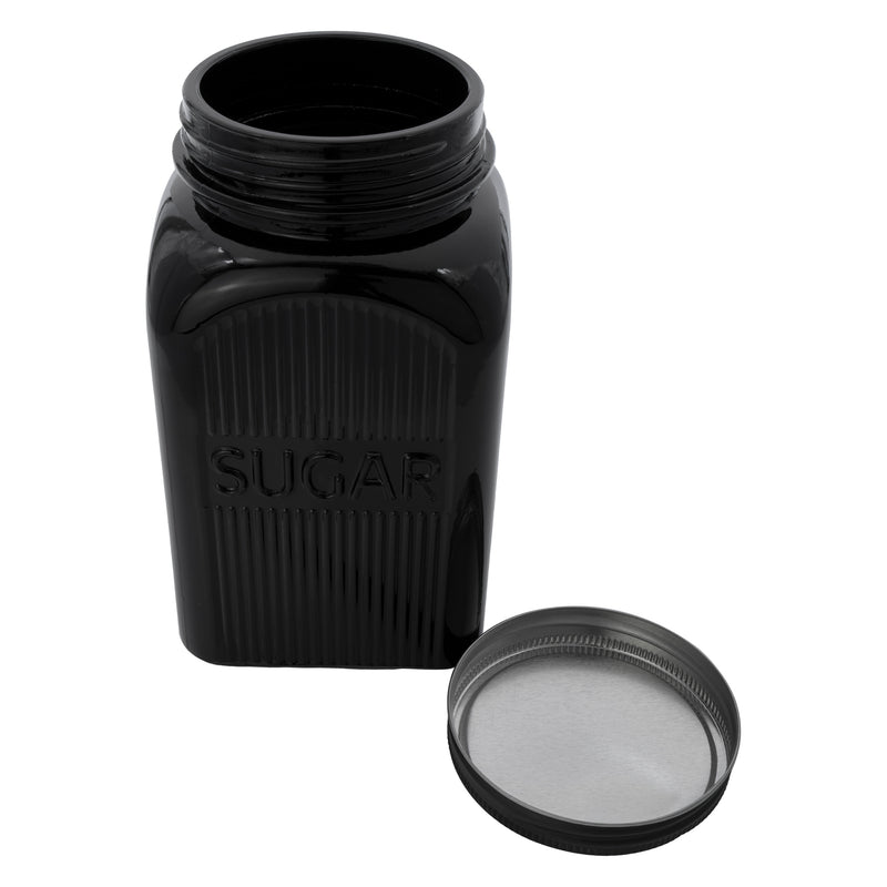 REGENT BLACK RIBBED SQUARE GLASS CANISTERS (TEA|COFFEE|SUGAR) 3 PCE SET, 1.2LT