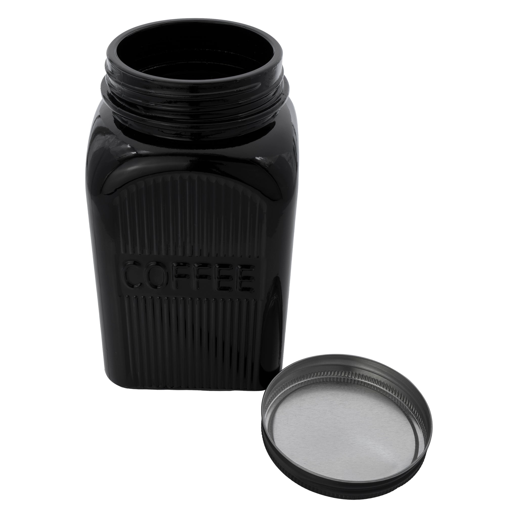 REGENT BLACK RIBBED SQUARE GLASS CANISTERS (TEA|COFFEE|SUGAR) 3PCS SET, 1.2L