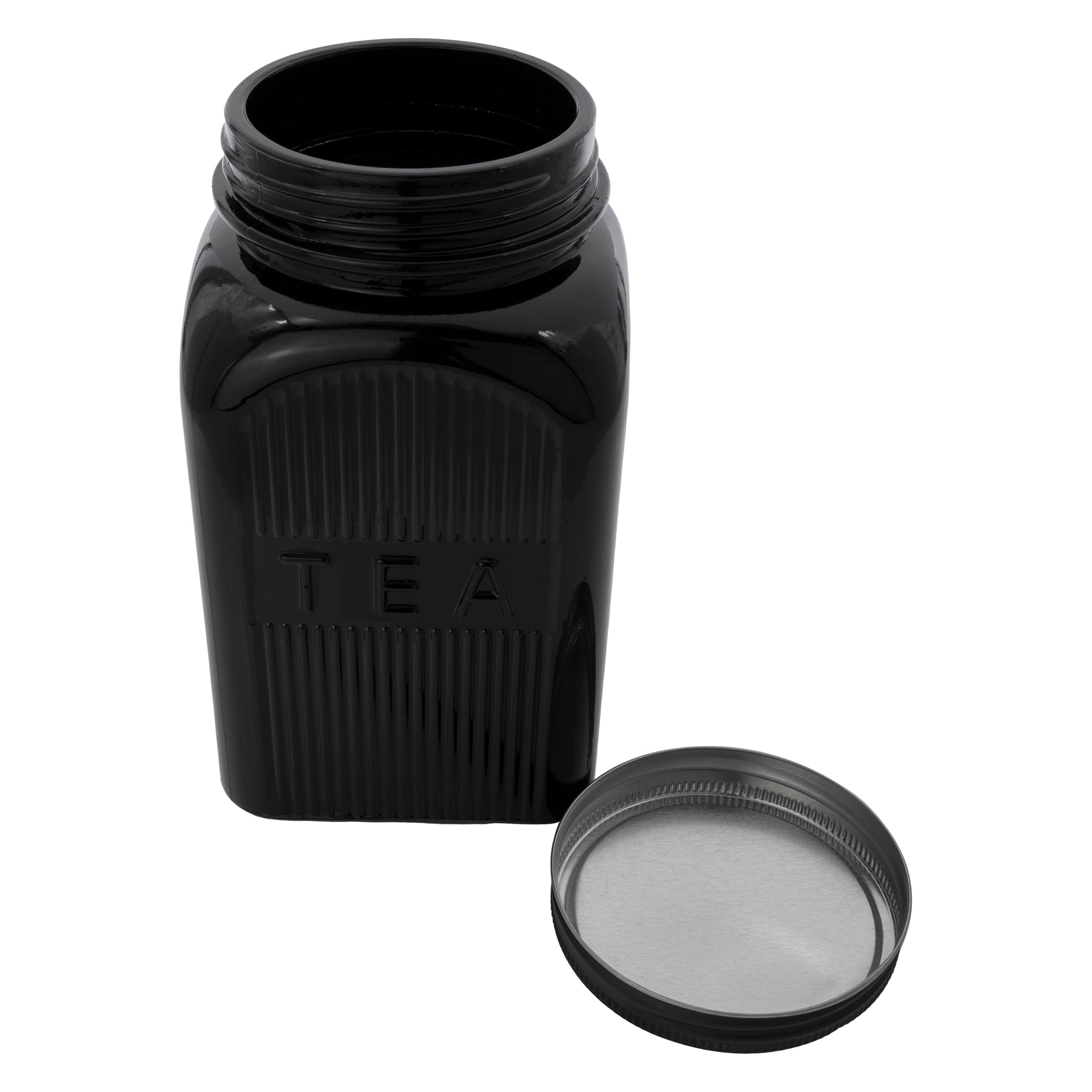 REGENT BLACK RIBBED SQUARE GLASS CANISTERS (TEA|COFFEE|SUGAR) 3PCS SET, 1.2L