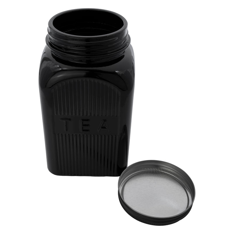 REGENT BLACK RIBBED SQUARE GLASS CANISTERS (TEA|COFFEE|SUGAR) 3 PCE SET, 1.2LT