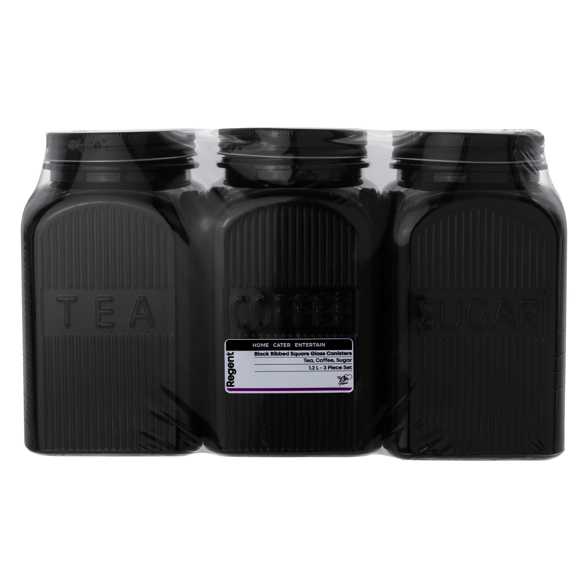 REGENT BLACK RIBBED SQUARE GLASS CANISTERS (TEA|COFFEE|SUGAR) 3PCS SET, 1.2L
