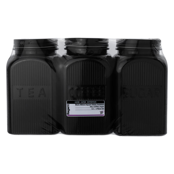 REGENT BLACK RIBBED SQUARE GLASS CANISTERS (TEA|COFFEE|SUGAR) 3 PCE SET, 1.2LT(182X100X100MM)