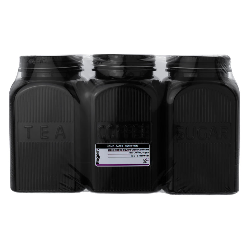REGENT BLACK RIBBED SQUARE GLASS CANISTERS (TEA|COFFEE|SUGAR) 3 PCE SET, 1.2LT
