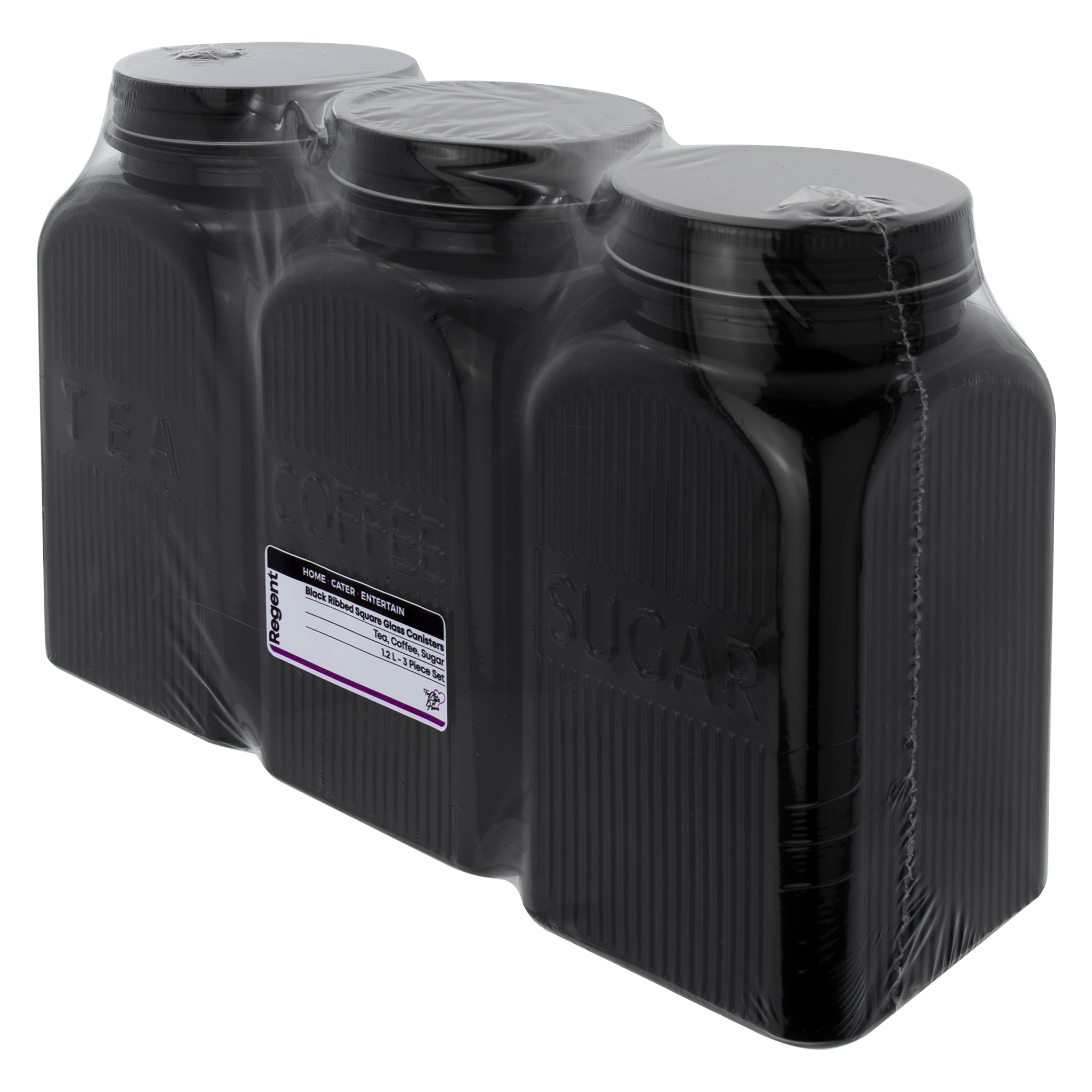 REGENT BLACK RIBBED SQUARE GLASS CANISTERS (TEA|COFFEE|SUGAR) 3PCS SET, 1.2L