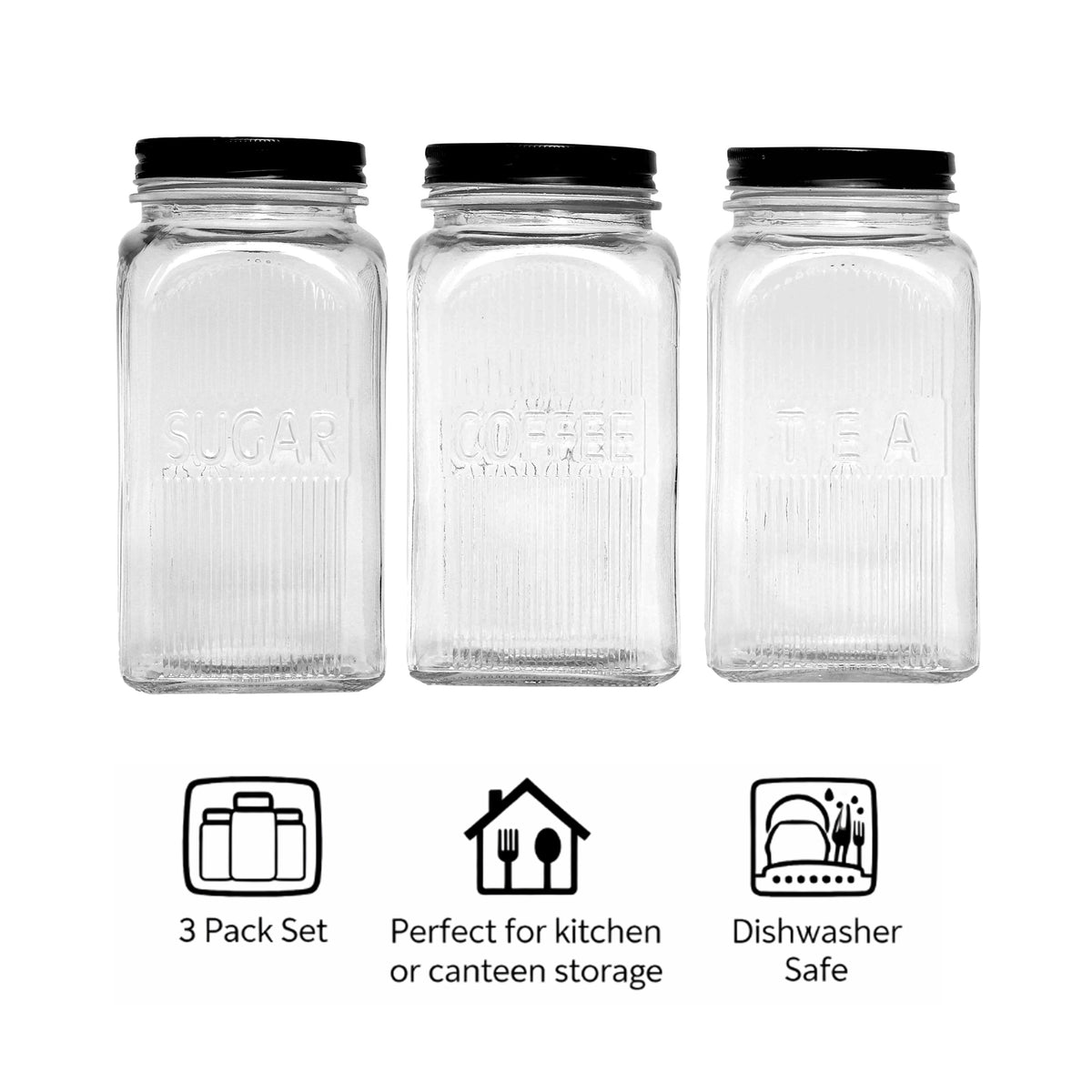 REGENT RIBBED SQUARE GLASS CANISTERS (TEA|COFFEE|SUGAR) 3PK SET, 1.2L
