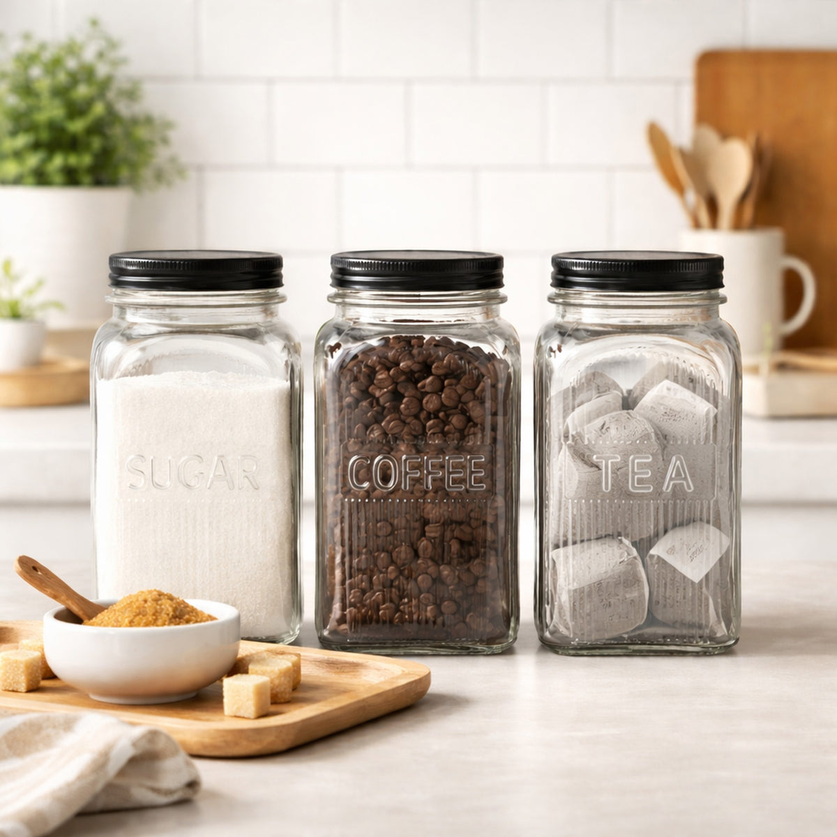 REGENT RIBBED SQUARE GLASS CANISTERS (TEA|COFFEE|SUGAR) 3PK SET, 1.2L