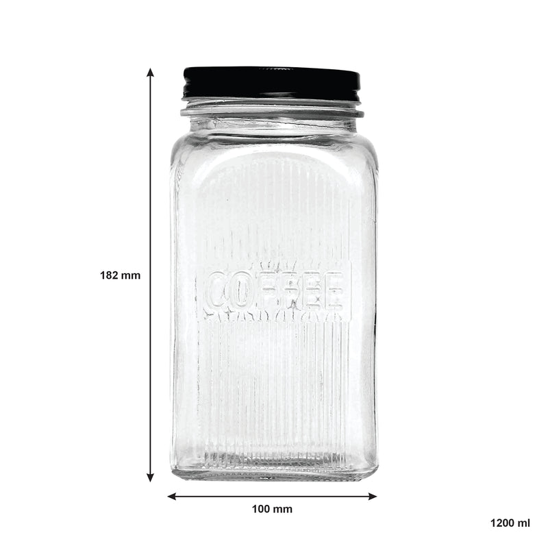 REGENT RIBBED SQUARE GLASS CANISTERS (TEA|COFFEE|SUGAR) 3 PCE SET, 1.2LT(182X100X100)
