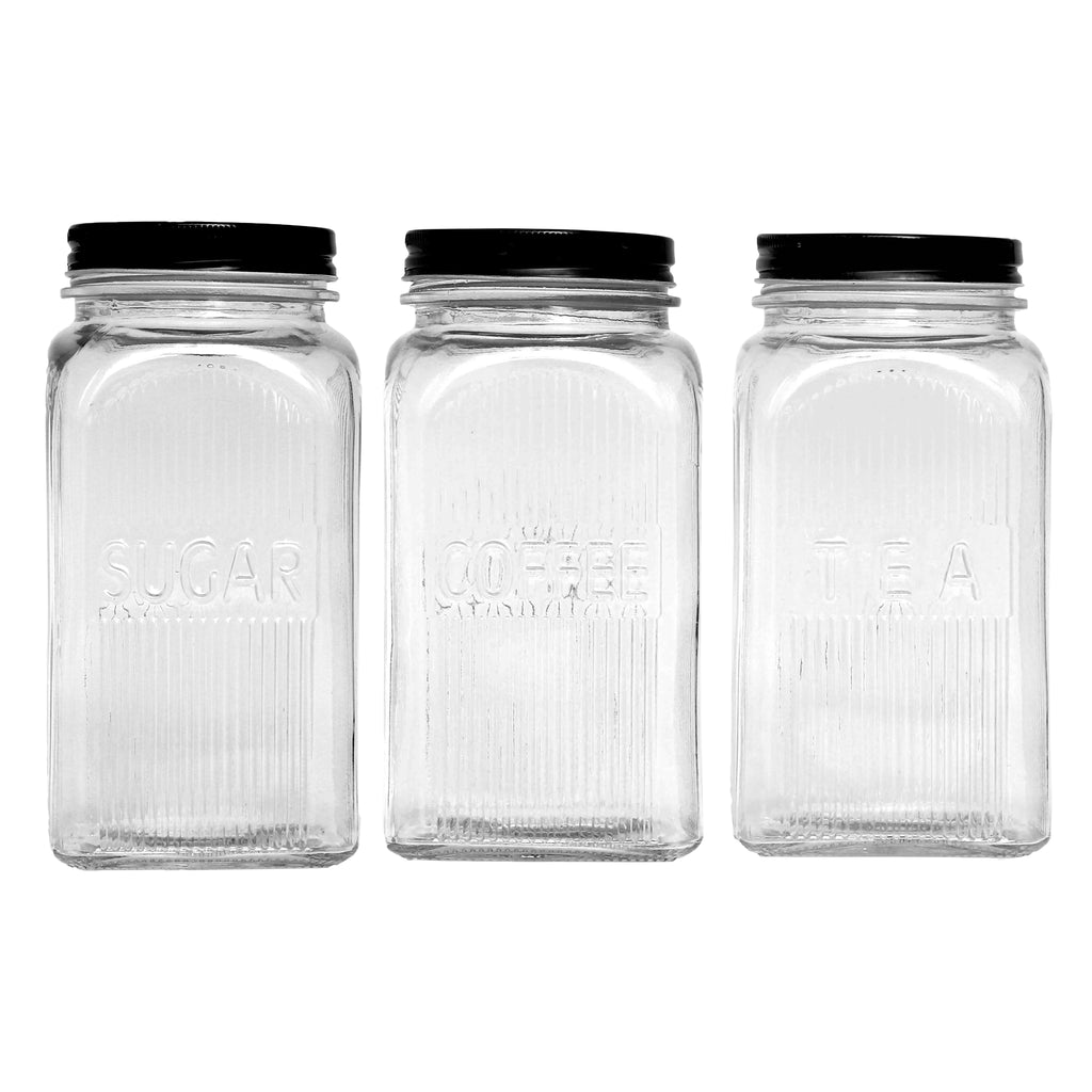 REGENT RIBBED SQUARE GLASS CANISTERS (TEA|COFFEE|SUGAR) 3PK SET, 1.2L