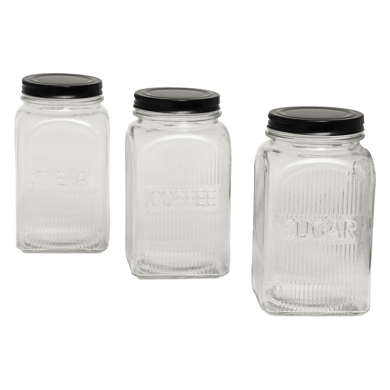 REGENT RIBBED SQUARE GLASS COFFEE CANISTER WITH BLACK LID, 1.2LT (182X100X100MM)