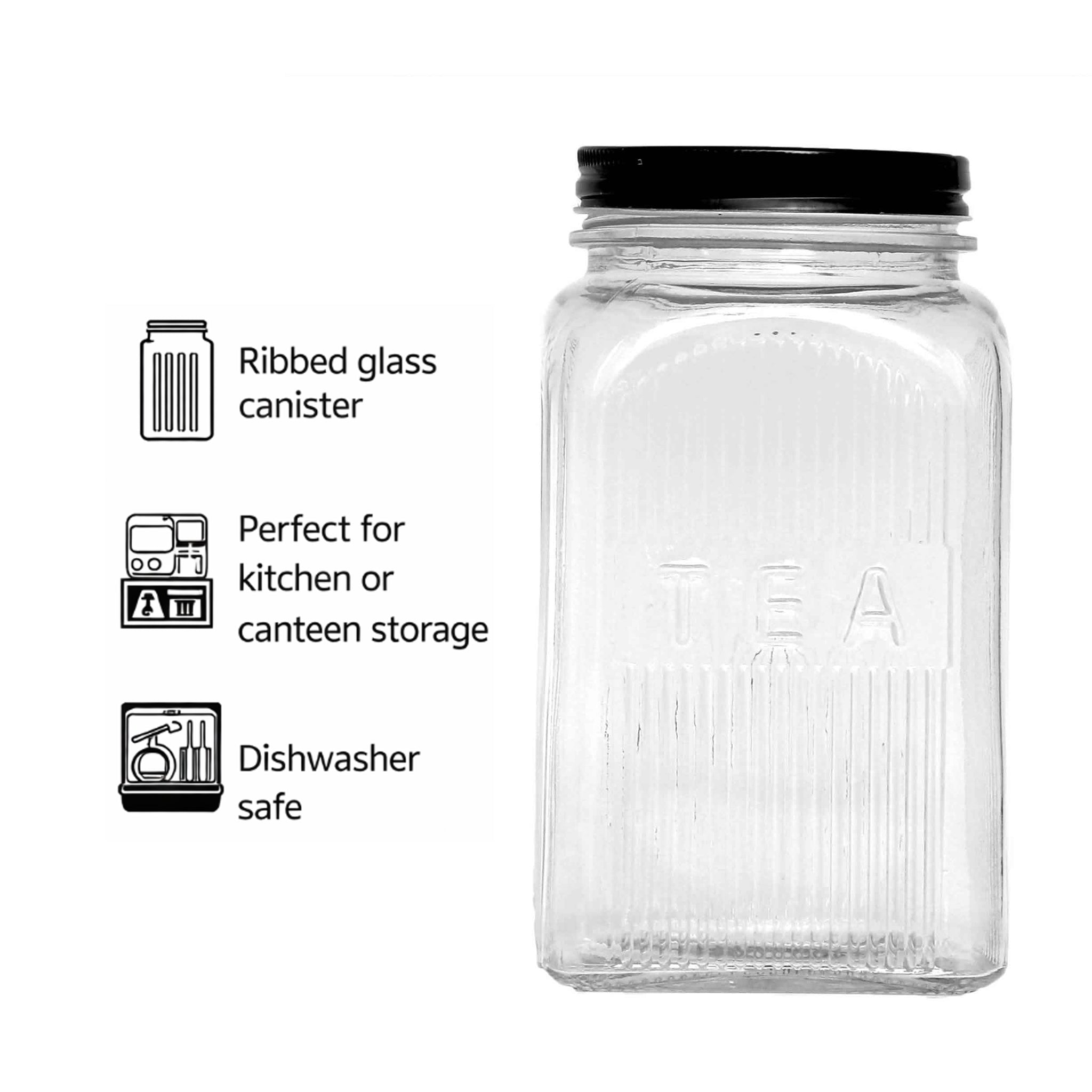 REGENT RIBBED SQUARE GLASS TEA CANISTER WITH BLACK LID, 1.2L