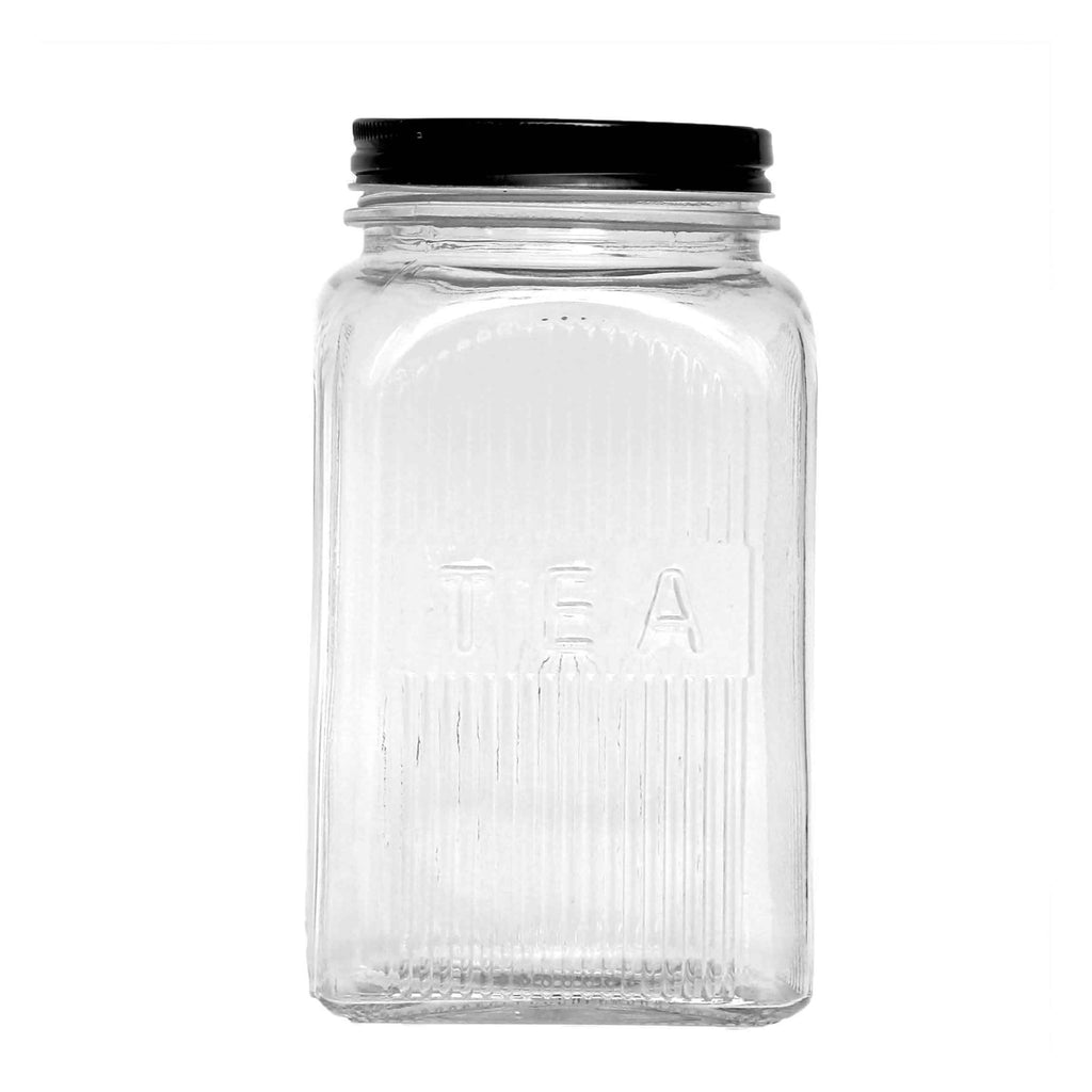 REGENT RIBBED SQUARE GLASS TEA CANISTER WITH BLACK LID, 1.2L