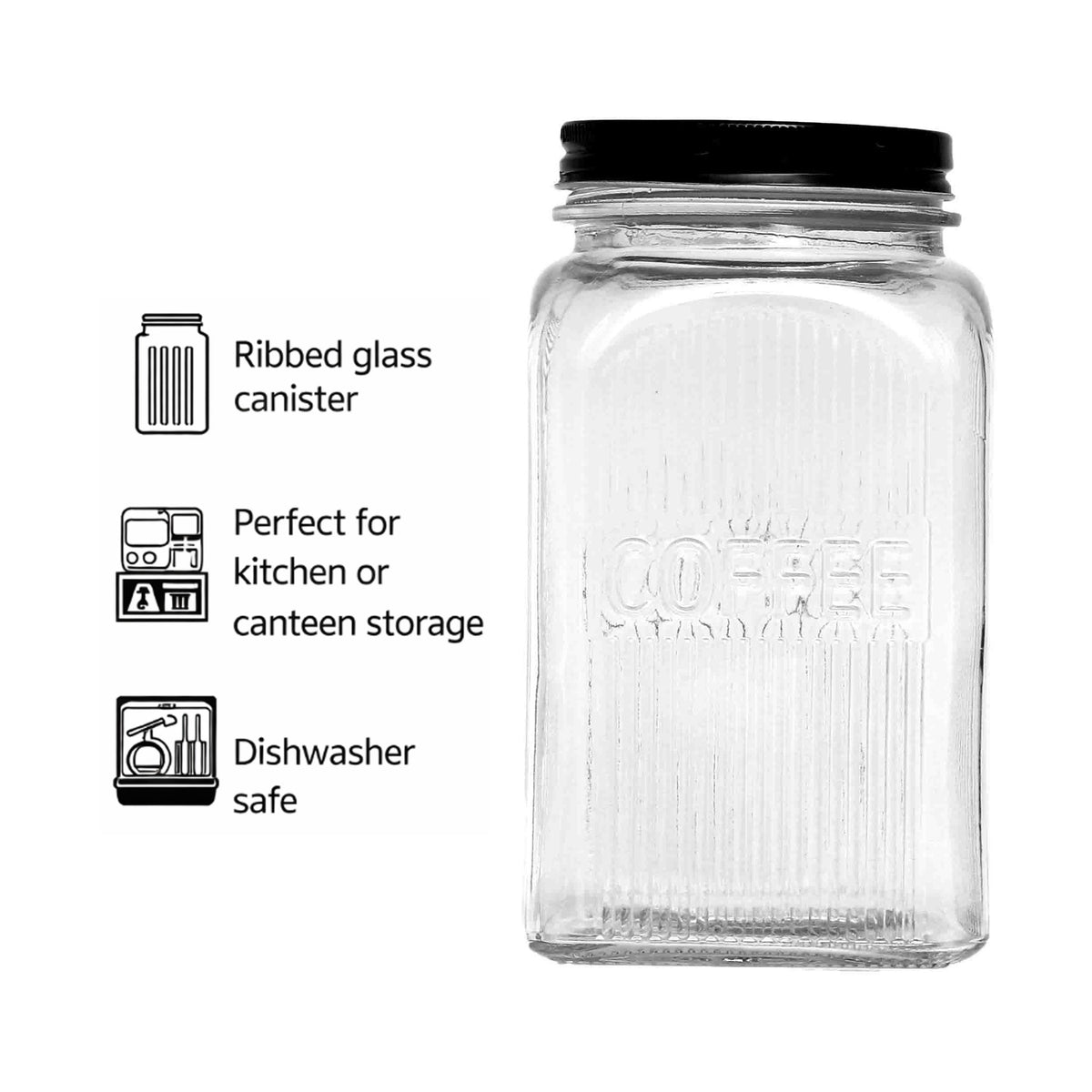 REGENT RIBBED SQUARE GLASS COFFEE CANISTER WITH BLACK LID, 1.2L