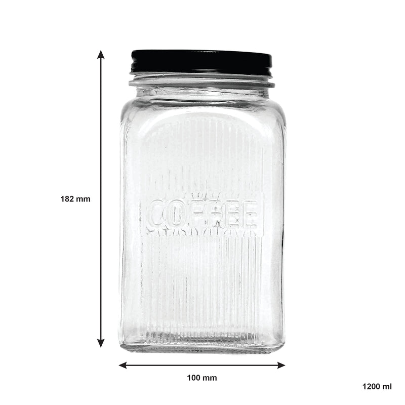 REGENT RIBBED SQUARE GLASS COFFEE CANISTER WITH BLACK LID, 1.2LT (182X100X100MM)