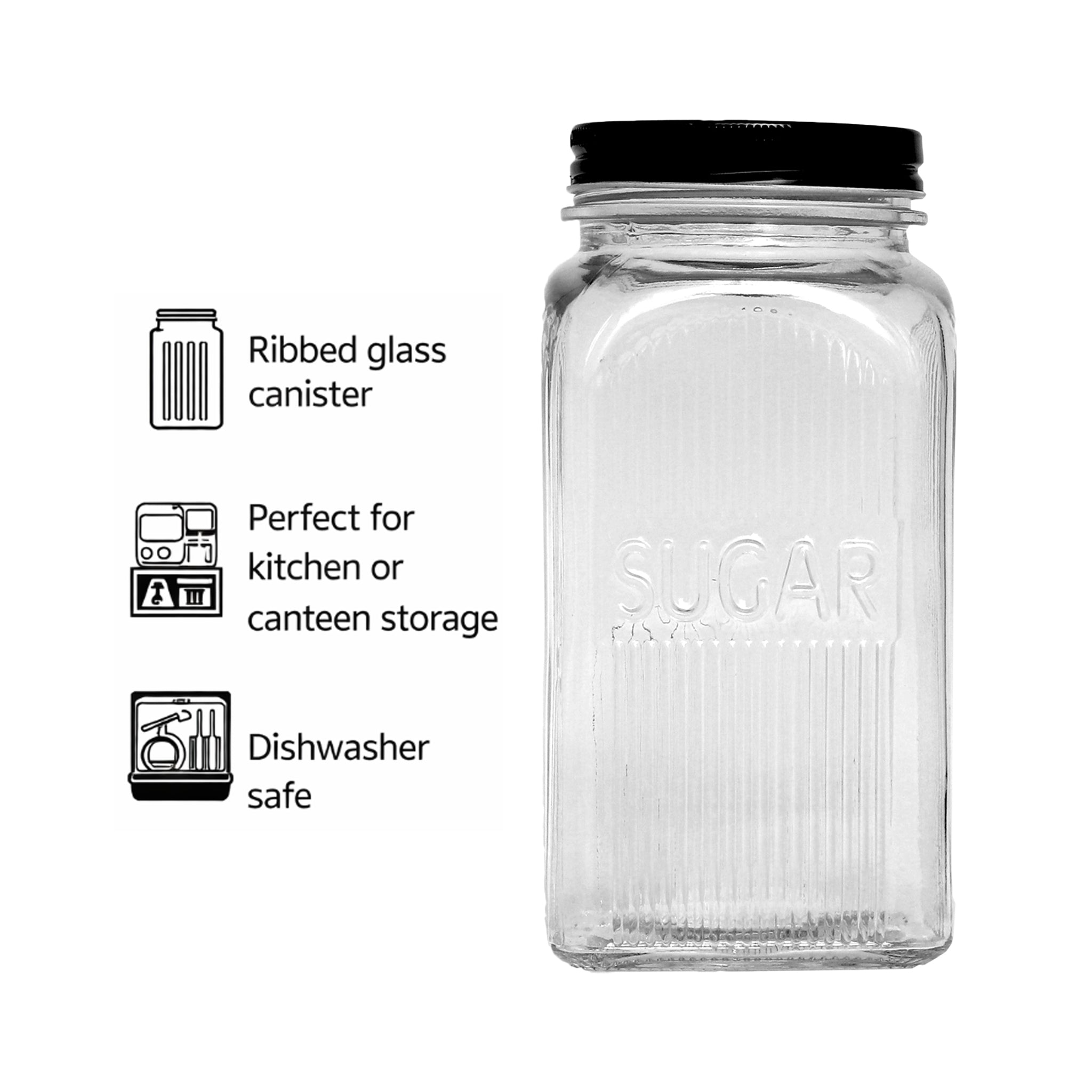 REGENT RIBBED SQUARE GLASS SUGAR CANISTER WITH BLACK LID, 1.2L