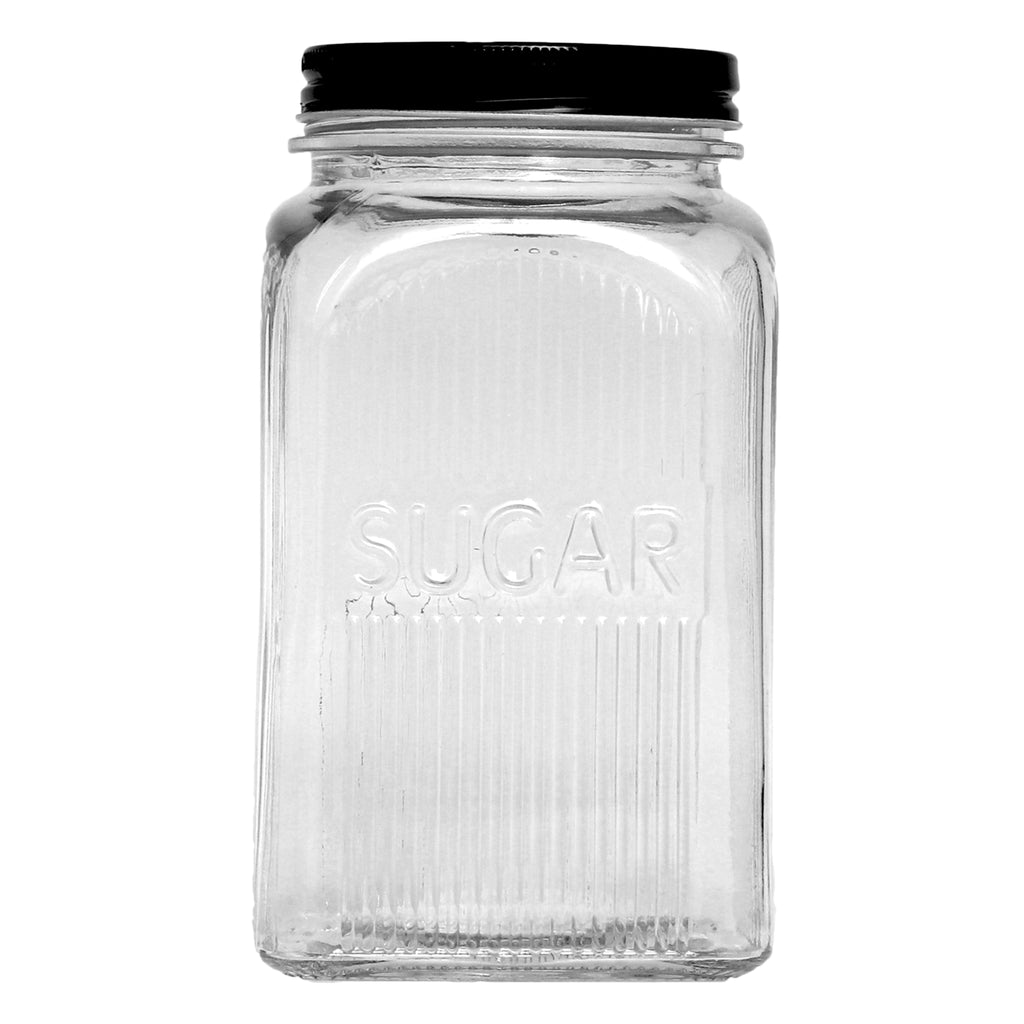 REGENT RIBBED SQUARE GLASS SUGAR CANISTER WITH BLACK LID, 1.2LT