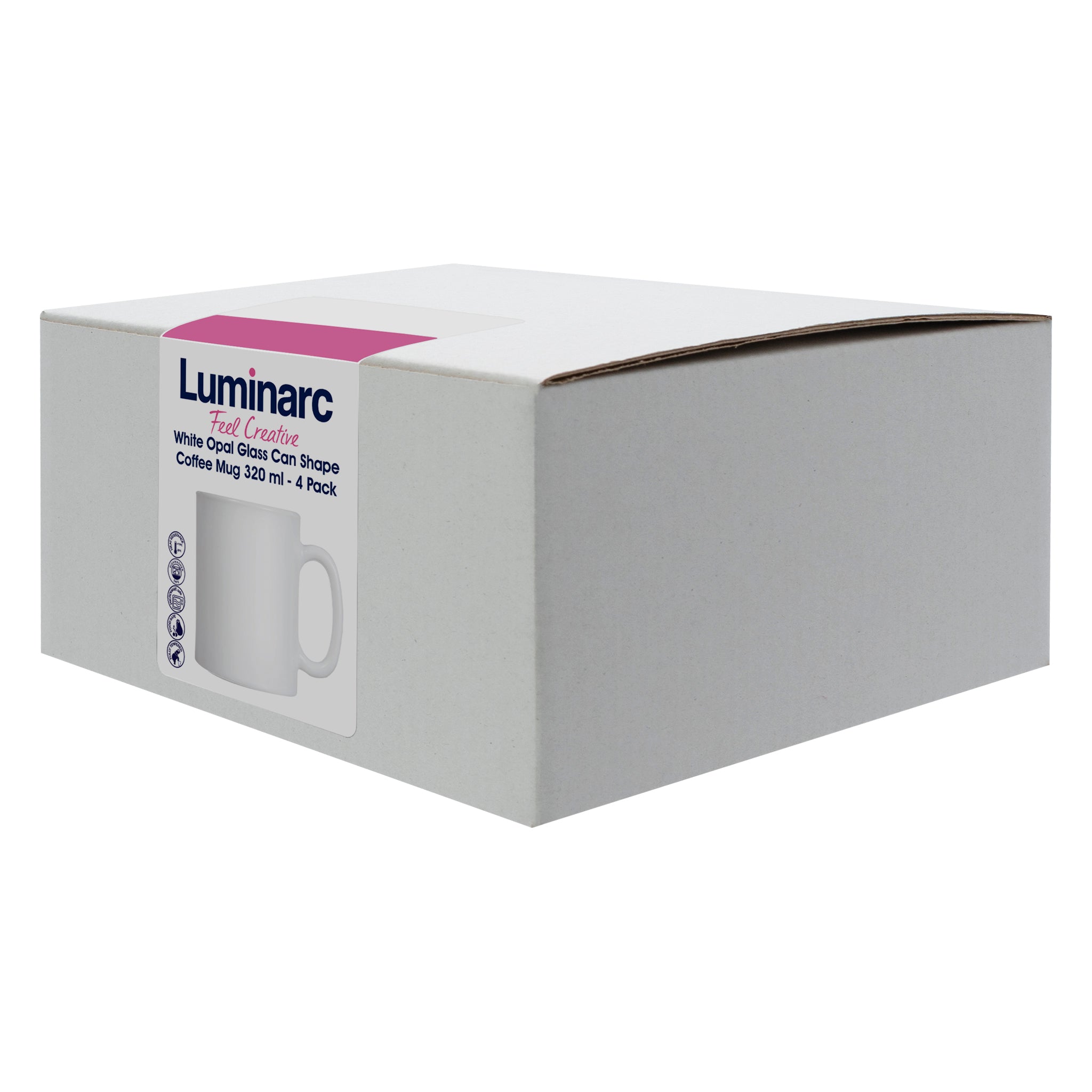 LUMINARC WHITE OPAL GLASS CAN SHAPE COFFEE MUGS 4PK, 320ML