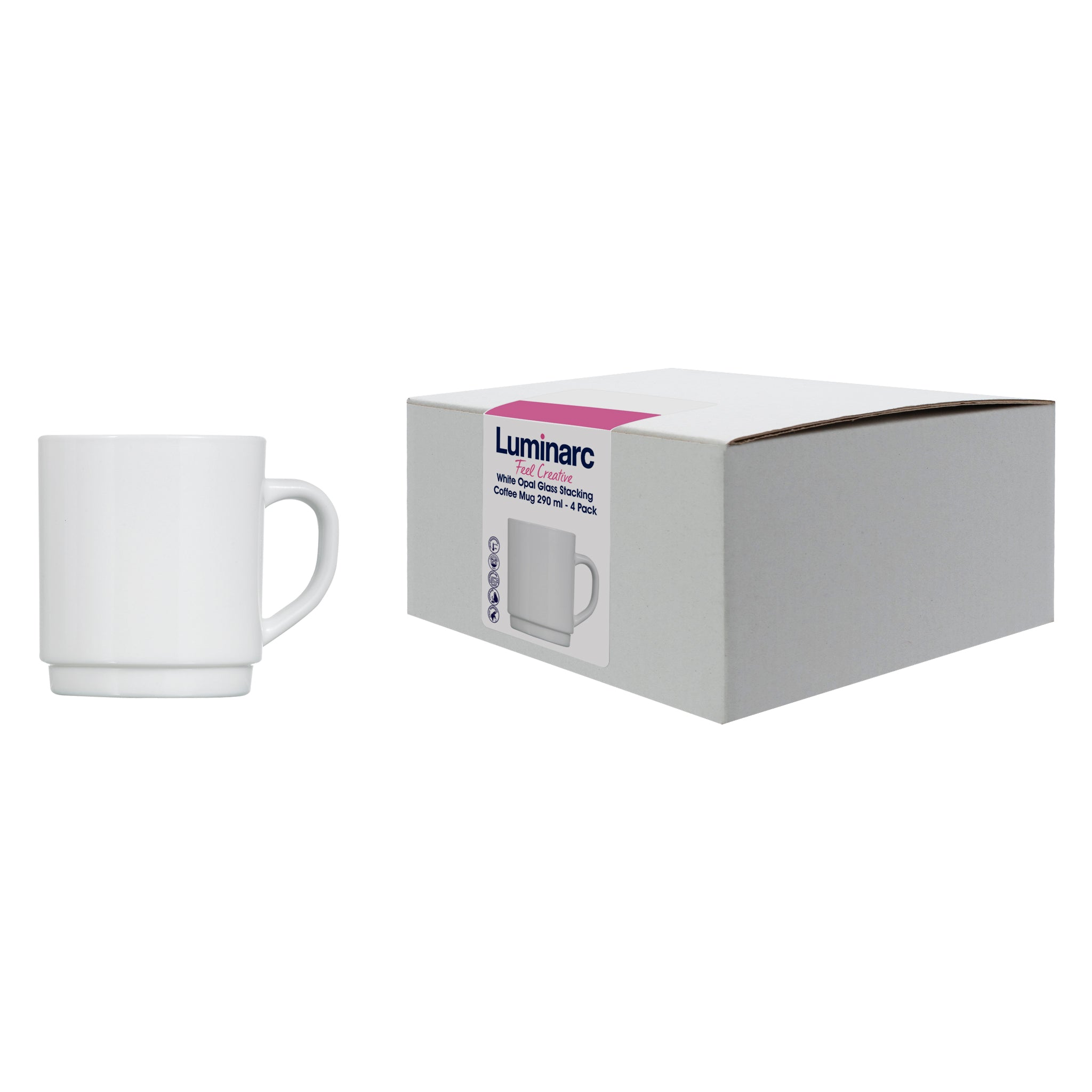 LUMINARC WHITE OPAL GLASS STACKING COFFEE MUGS 4PK, 290ML