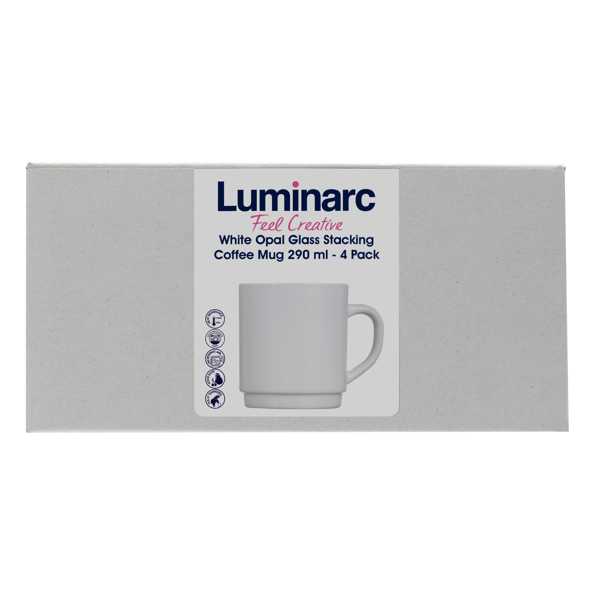 LUMINARC WHITE OPAL GLASS STACKING COFFEE MUGS 4PK, 290ML